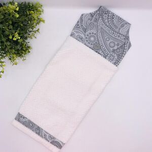 Hanging Kitchen Towel: Neutral Gray Paisley Topper, Button Closure